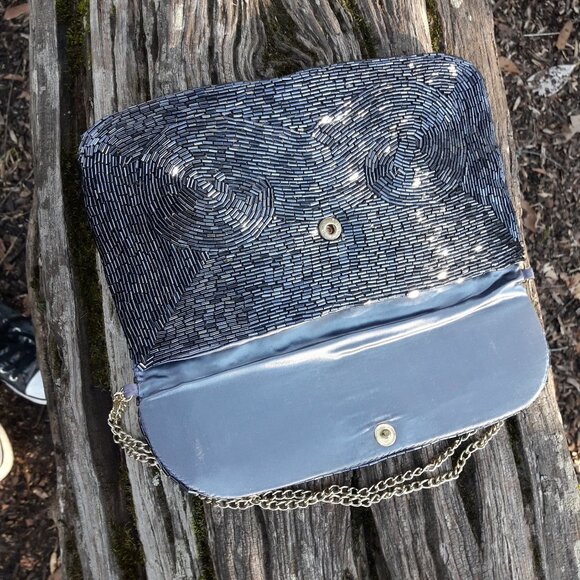 Sequin Purse Gunmetal Silver Micro Metallic Beads Softback Clutch Vintage Mini - Picture 13 of 16